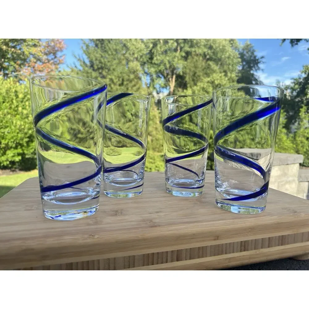 Pier 1 Swirline Cobalt Blue Swirl Glass Highball Tumblers 6-3/8